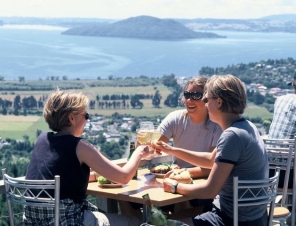 Views of the lake from the cafe terrace at Skyline Rotorua